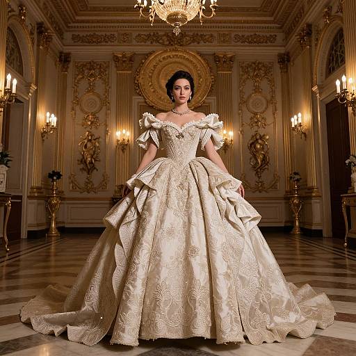 Elegant photograph of a woman in an ornate, off-shoulder, cream-colored ball gown with intricate embroidery, standing in a luxurious, gold