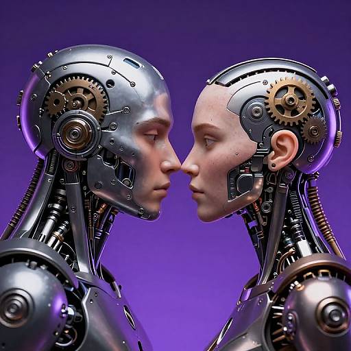 CGI image of two robotic human heads with metallic bodies and exposed gears, nose to nose, against a purple gradient background.
