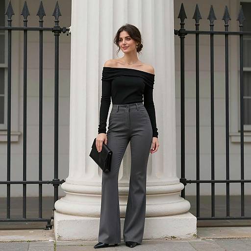 Elegant Woman Posed by Stone Column