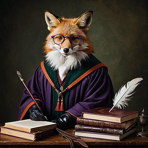 Fox Scholar in Vintage Robe Writing with Quill