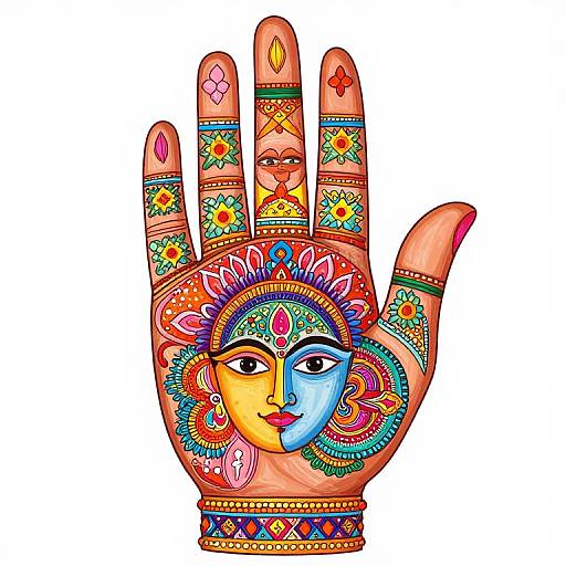 Vibrant digital illustration of a hand adorned with colorful, intricate henna patterns featuring two symmetrical, sun-like faces, one yellow and one blue