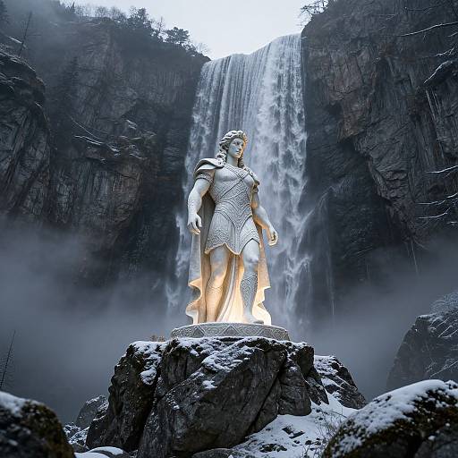 Photorealistic CGI of a glowing, armored statue of a hero standing on a snow-covered rock, with a waterfall cascading behind.