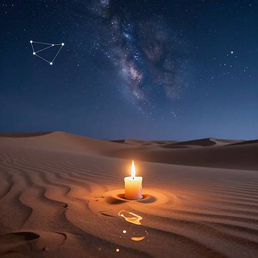 Photograph of a burning candle on rippled desert sand under a starry night sky with the Milky Way and constellation.