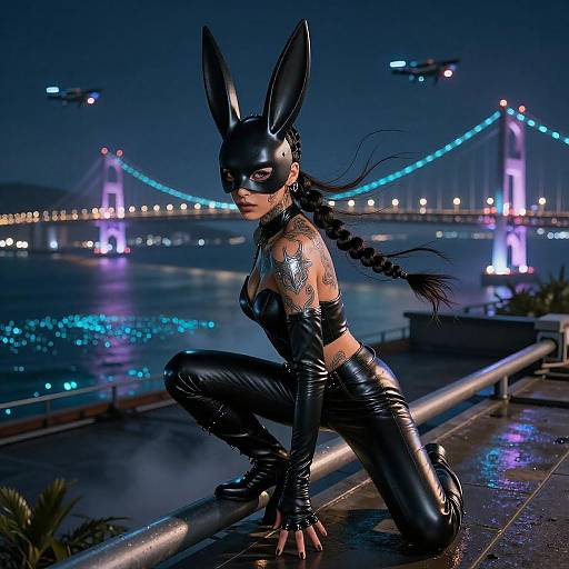 Nocturnal Rabbit-Masked Assassin on Rooftop