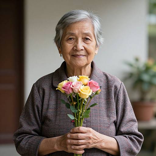 Photograph of an elderly Asian woman with short gray hair, wearing a brown patterned blouse, holding a bouquet of pink and yellow roses, smiling softly