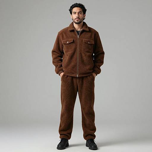 Photograph of a bearded man with short black hair, wearing a brown, textured, zip-up fleece jacket and matching pants, standing against a plain