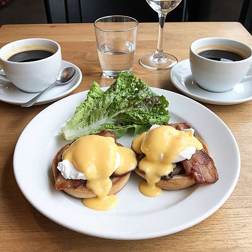 Photograph of a wooden table with two poached eggs on toasted English muffins with hollandaise sauce, a side of fresh lettuce, and two white