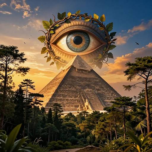 Digital artwork of a pyramid with a large, glowing eye adorned with leaves at the top, set against a sunset sky with silhouetted trees.