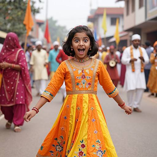 Photograph of a young Indian girl in an orange floral dress, running joyfully through a street parade, surrounded by people in traditional attire, waving flags
