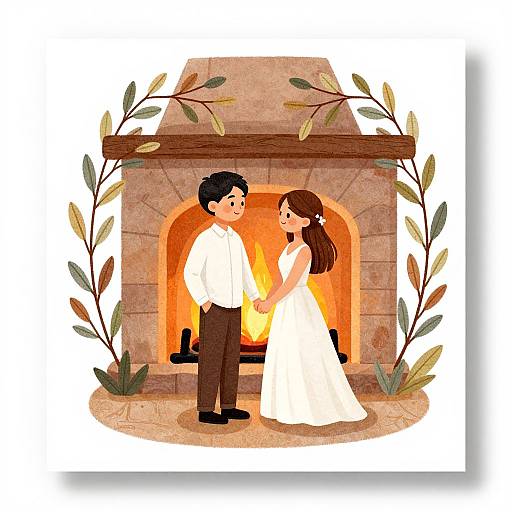 Illustration of a black-haired groom in white shirt and brown pants, and a brown-haired bride in white dress, standing before a warm, lit stone