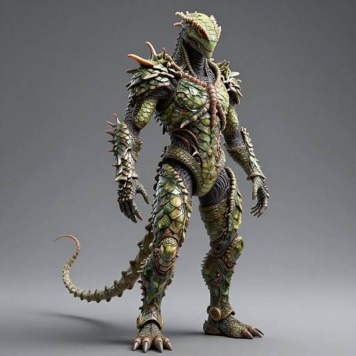 CGI image of a muscular, reptilian humanoid with green and black scaly armor, spiked shoulders, and a long, curved tail, standing against
