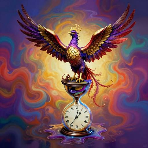 Digital art of a vibrant phoenix with multicolored feathers, standing on a clock atop a pedestal, against a swirling, colorful background.