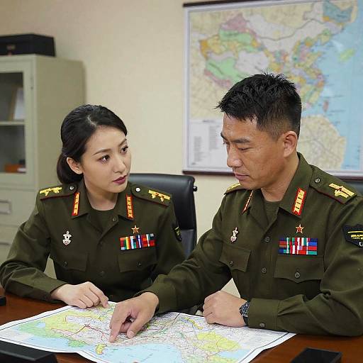 Photograph of two Asian military officers in green uniforms with medals, discussing a map on a desk in an office.