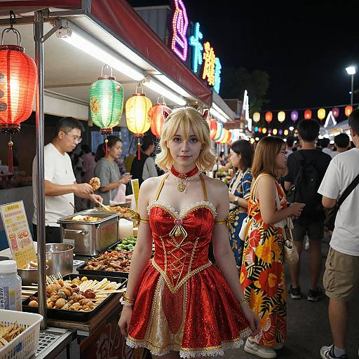 Photograph of a blonde woman in a red, sparkling, strapless corset dress with cat ears, standing at a busy, neon-lit night