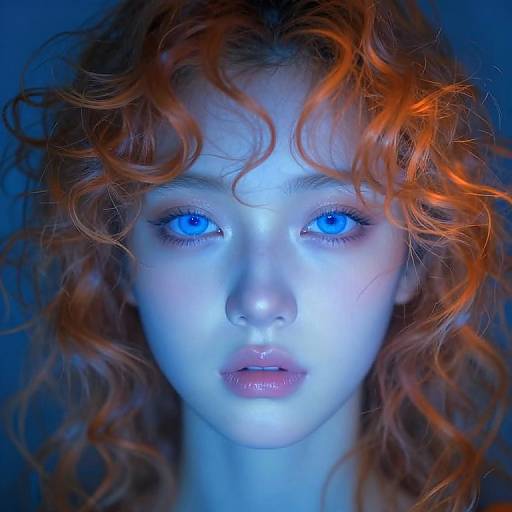 Photograph of a woman with vivid blue eyes, glowing blue skin, and curly red hair against a dark blue background.