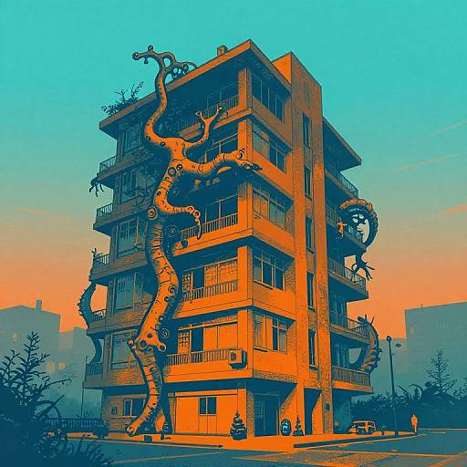Digital art of a surreal, orange-hued, multi-story building with large, twisting, dragon-like statues emerging from its balconies against a vivid blue