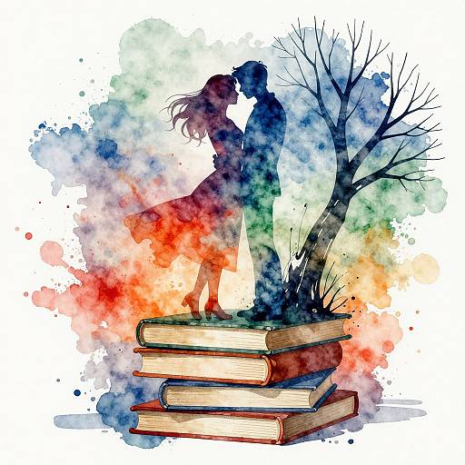 Watercolor-style illustration of a silhouetted couple kissing on top of stacked books, with a leafless tree and vibrant splashes of red,