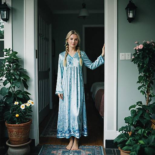 Young woman in blue pajama dress standing in doorway