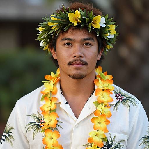 Photograph of a young Asian man with a mustache, wearing a white floral shirt, yellow-orange flower lei, and a tropical flower crown, against