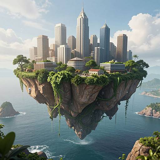 Digital artwork of a futuristic cityscape on a floating rock island, surrounded by lush greenery, towering skyscrapers, and ocean below.