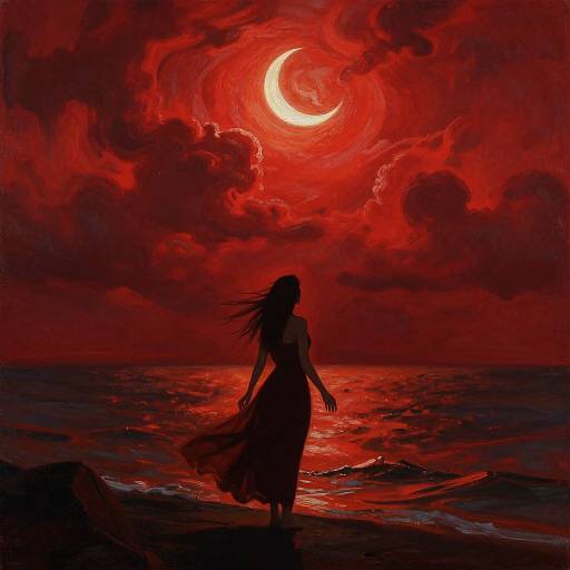 Silhouetted woman with flowing dress stands on red-tinted shore, facing eerie red crescent moon and swirling clouds in dramatic digital painting.