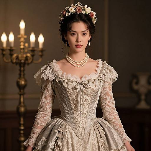 Photograph of a young woman in an elaborate Victorian-style lace and satin gown, adorned with a floral crown and pearl necklace, standing in a dimly