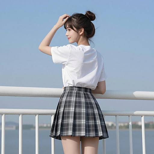Young Woman by Waterfront in Plaid Skirt