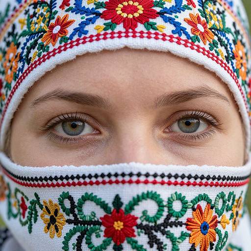 Close-up photograph of a person with blue eyes, wearing a white embroidered headscarf and mask with colorful floral patterns.