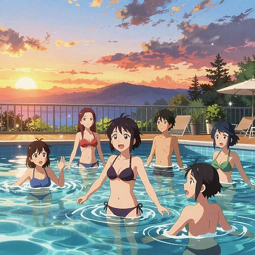 Anime Group Swimming at Sunset Pool