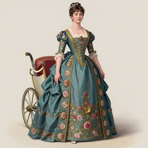 Photograph of a woman in an elaborate, teal, Victorian-style ball gown with floral embroidery, standing beside a vintage carriage.