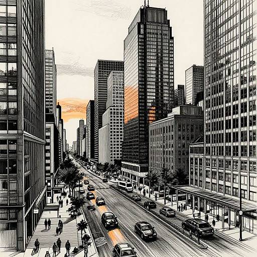 Black-and-white digital illustration of a bustling urban city street at sunset, with tall skyscrapers, traffic, pedestrians, and streetlights.