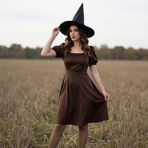 Photograph of a fair-skinned woman with wavy brown hair, wearing a black witch hat and brown dress, standing in a dry, grassy