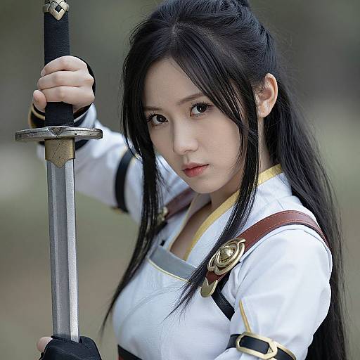 Photograph of an East Asian woman with long black hair, wearing a white and gold armored shirt, holding a sword, looking intently forward. Bl