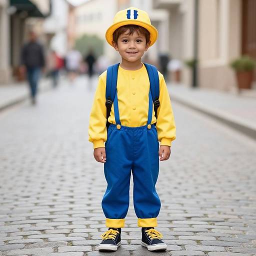 Photograph of a young boy standing on a cobblestone street, wearing a yellow shirt, blue overalls, yellow hat, and black sneakers.