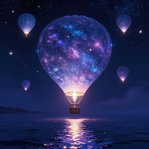 Digital artwork of a glowing, star-filled hot air balloon over a dark, starry ocean, with smaller balloons in the background.