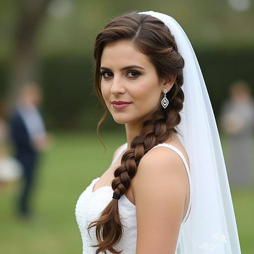 Photograph of a beautiful brunette bride with long braided hair, wearing a white veil and dress, heart-shaped earrings, standing outdoors.