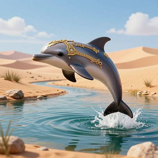Digital illustration of a dolphin jumping out of a desert oasis pool, adorned with gold ornate headgear, against a bright blue sky with sandy dunes