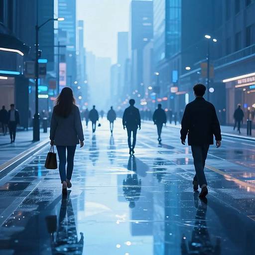 Photograph of a rainy urban street at night, silhouetted people walking, blue neon lights reflecting on wet pavement, cityscape backdrop.
