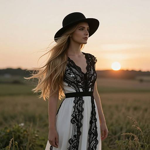 Elegant Woman in Countryside Sunset