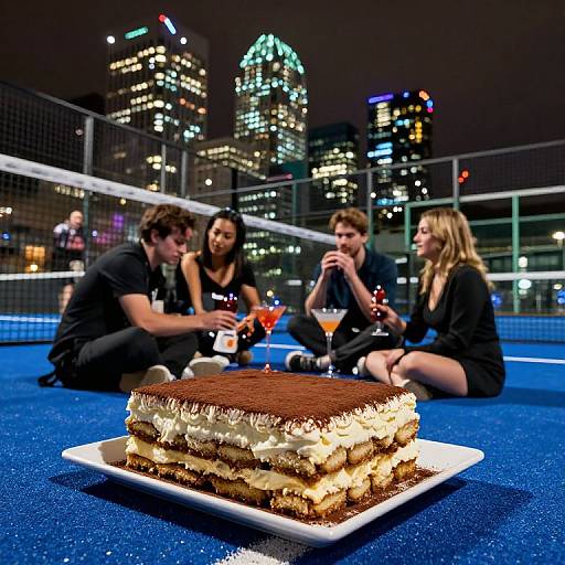 Photograph of four friends sitting on a rooftop at night, enjoying drinks and a layered chocolate cake with whipped cream in the foreground, city lights in the
