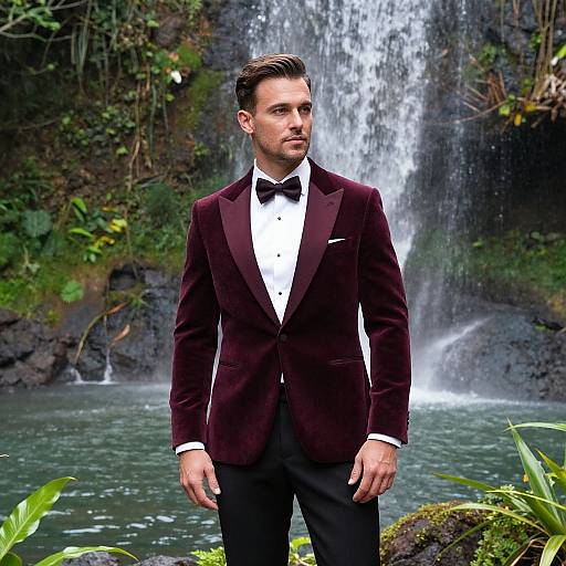 Photograph of a handsome, bearded man in a dark burgundy tuxedo with black bow tie, standing in front of a cascading waterfall