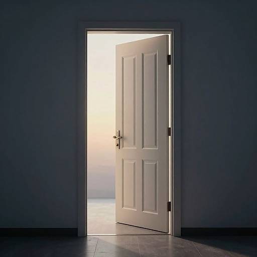 Photograph of an open white door with a silver handle, illuminating a bright hallway contrasting with a dimly lit room.