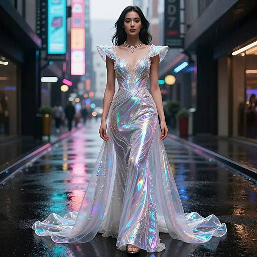 Iridescent Futuristic Gown in Neon Alley
