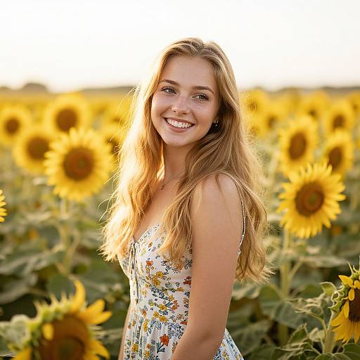 Photograph of a smiling young woman with long blonde hair, wearing a floral dress, standing in a sunlit sunflower field.