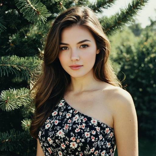 Young Woman in Floral One-Shoulder Dress Outdoors