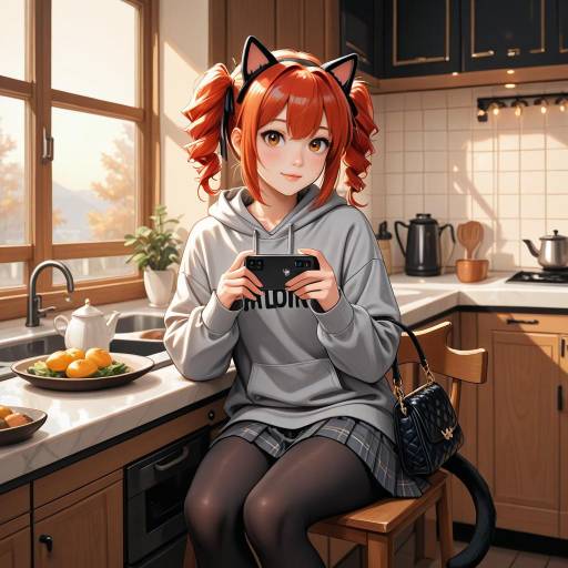 Giddy Girl with Cat Ears in Kitchen