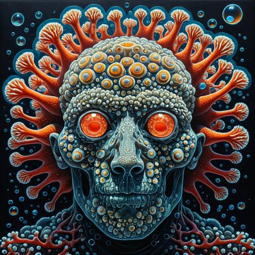 Deformed Anatomical Face with Bubble Coral and Glowing Sea Slugs