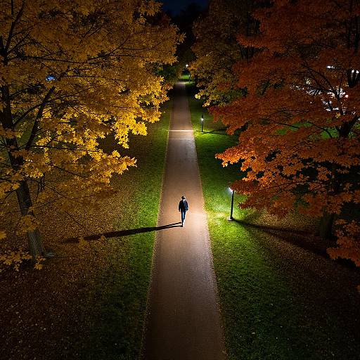 Aerial night photograph of a lone person walking on a lit path, flanked by vibrant orange and yellow autumn trees.