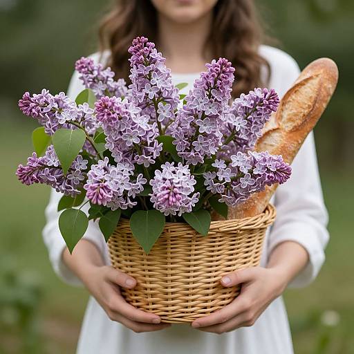 Photograph of a woman in a white dress holding a wicker basket filled with purple lilac flowers and a baguette, blurred green background.
