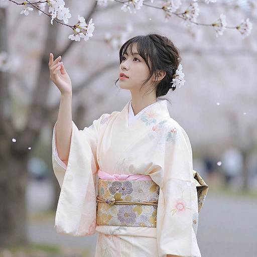 Photograph of an Asian woman in a white floral kimono, with black hair in a bun, holding cherry blossom petals in an outdoor garden.